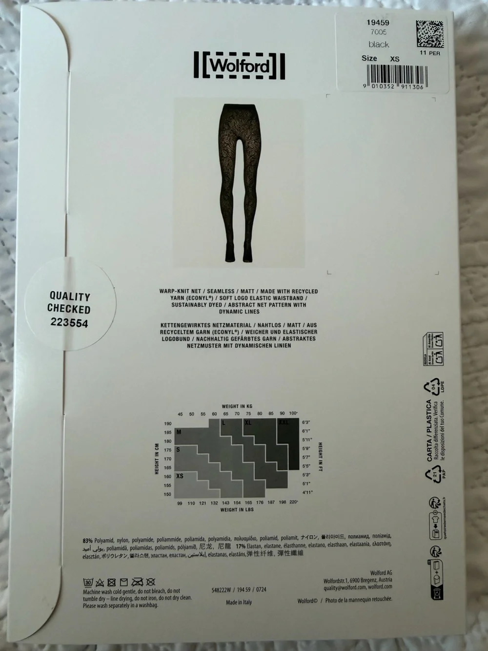 Wolford Macro Net Fishnet Seamless Warp-Knit Tights Black Matte Italy XS